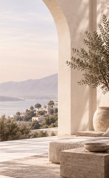 فراغ معيشة بخامات طبيعية وشجرة زيتون تحت ضوء ناعم، من لغة صور الهوية